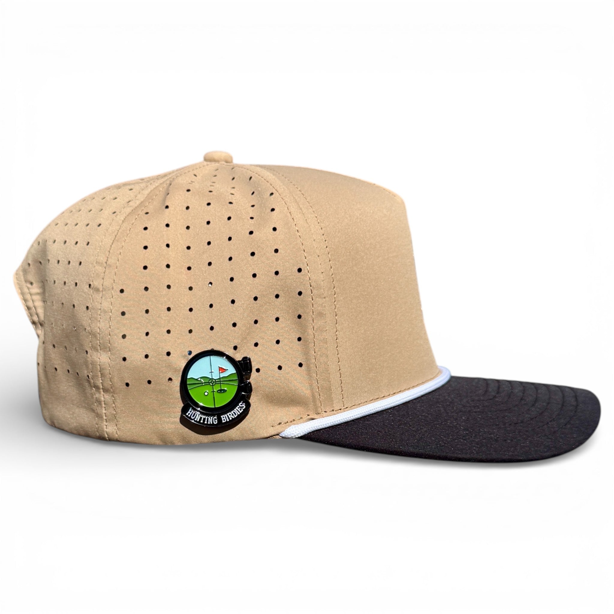 Hunting Birdies Golf Hat | Snapback Cap | Built-in Magnetic Ball Marker Holder + Marker Included | Adjustable Tan & Black
